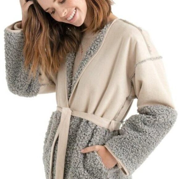 NWT Lucky Brand Sherpa & Suede Jacket | Tan & Gray | Size L - Picture 2 of 9